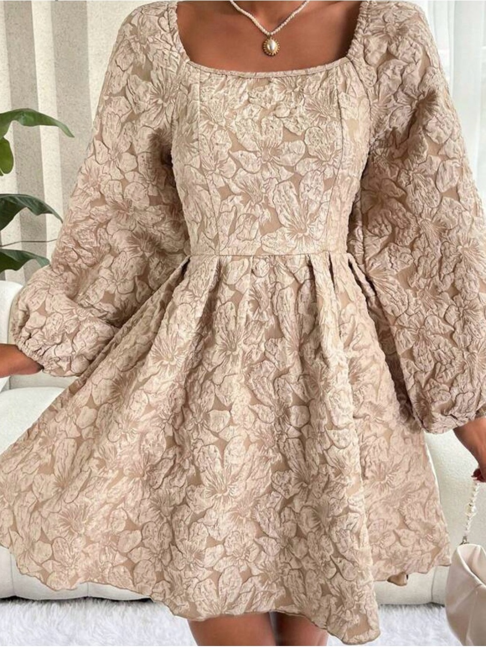 Girls' Textured Floral Puff-Sleeve Dress - Beige